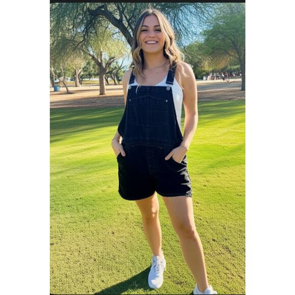 Old Navy Cotton Slouchy Straight Non-Stretch Black Jean Short Overalls Sz XXL - Picture 2 of 8